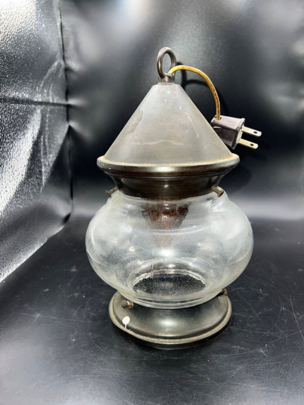 Vintage Hanging Glass Onion Lantern Plug-In Cord Ships Lamp Amber Bulb untested